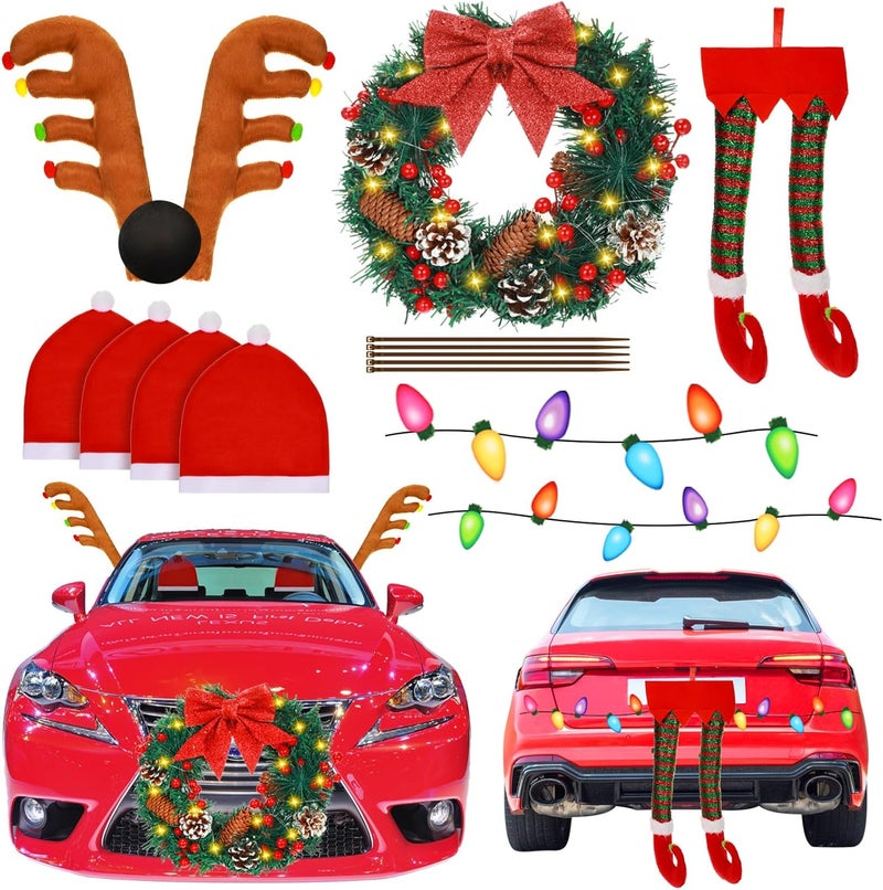Riceshoot Store Reindeer Antler Car Kit with LED Lights Car Christmas Decoration Santa Claus Elf Leg Lighted Christmas Wreath Reflective Bulb Light Magnets Car Window Kit Automotive Exterior Accessory - Image 1